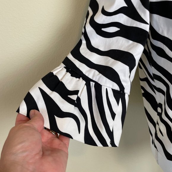 Sandro Blazer Zebra Print Cropped Jacket Pockets M Black Pleather Trim - Picture 4 of 9